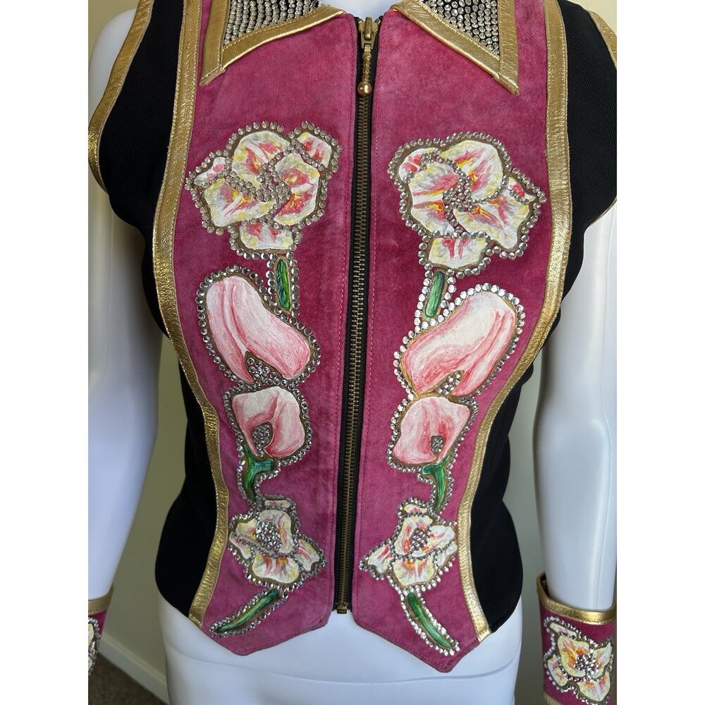 Diane Olsen Canada Lambskin Suede Art Vest Rhinestone Floral Painted Vest Set L - Picture 16 of 16
